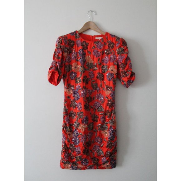 Maje Robe Brodée De Sequins Dress Coral Size 2 - Picture 4 of 11